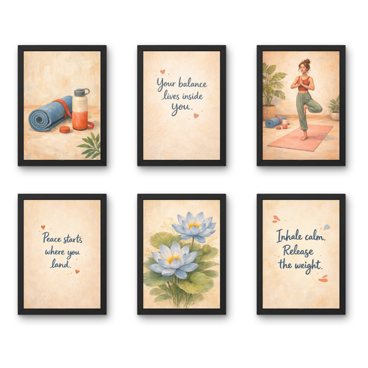 Modern Yoga - A4 6 Pcs Wooden Black Frame Yoga Wall Decor