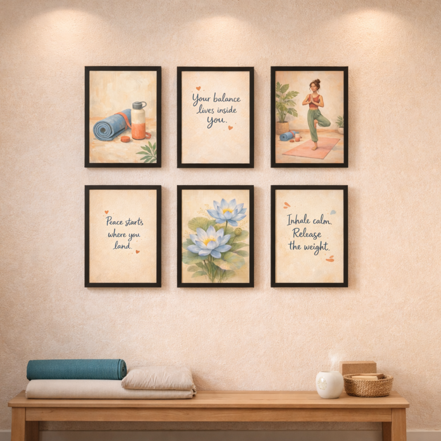 Modern Yoga - A4 6 Pcs Wooden Black Frame Yoga Wall Decor